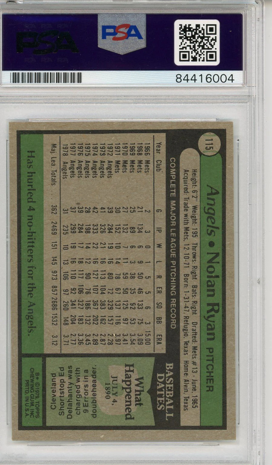 Nolan Ryan "Hof 99" Autographed 1978 Topps Card (Psa Auto Gem Mint 10)