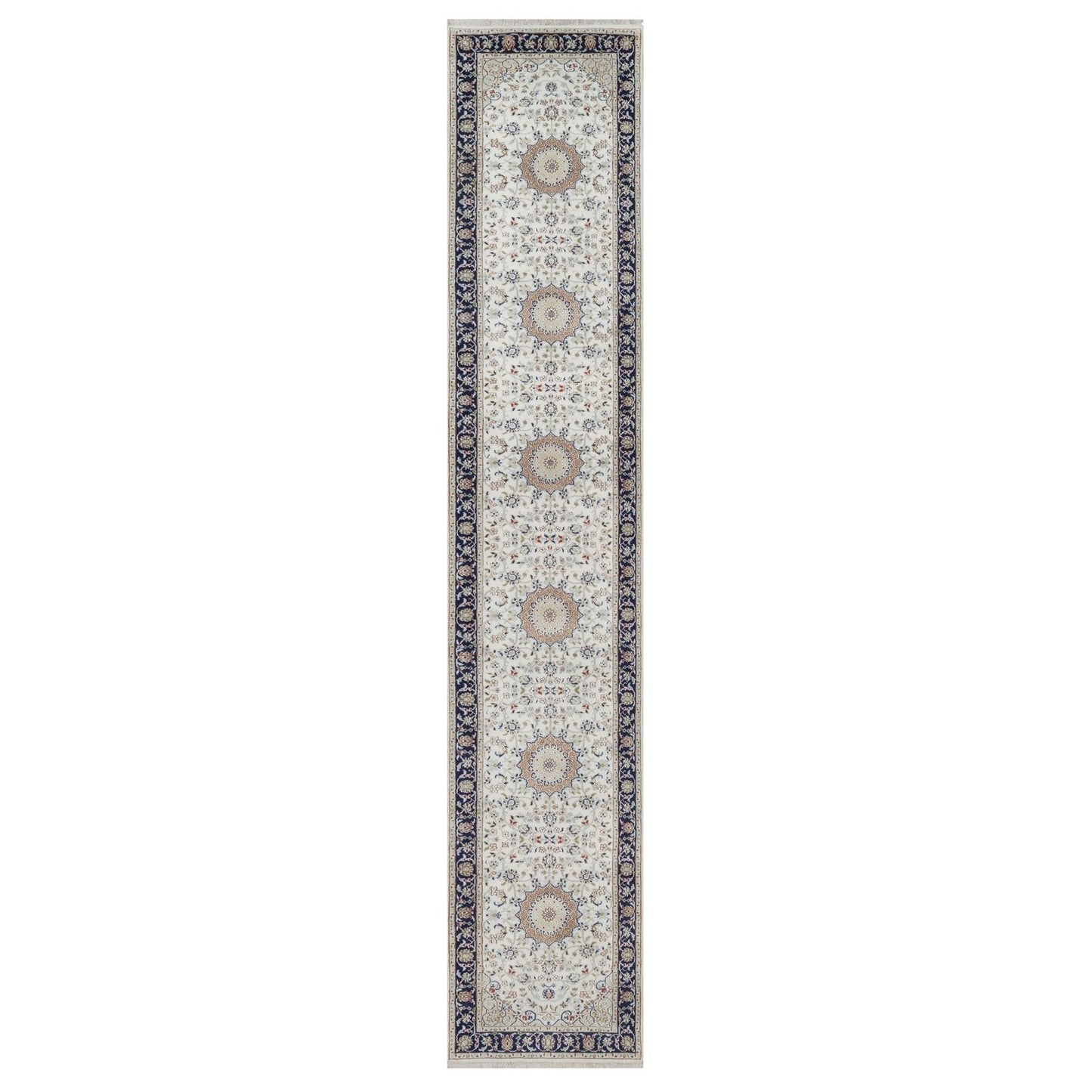 Rug 2'8"x14'4" Ivory Nain Medallion Design Wool & Silk Hand Knotted Runner