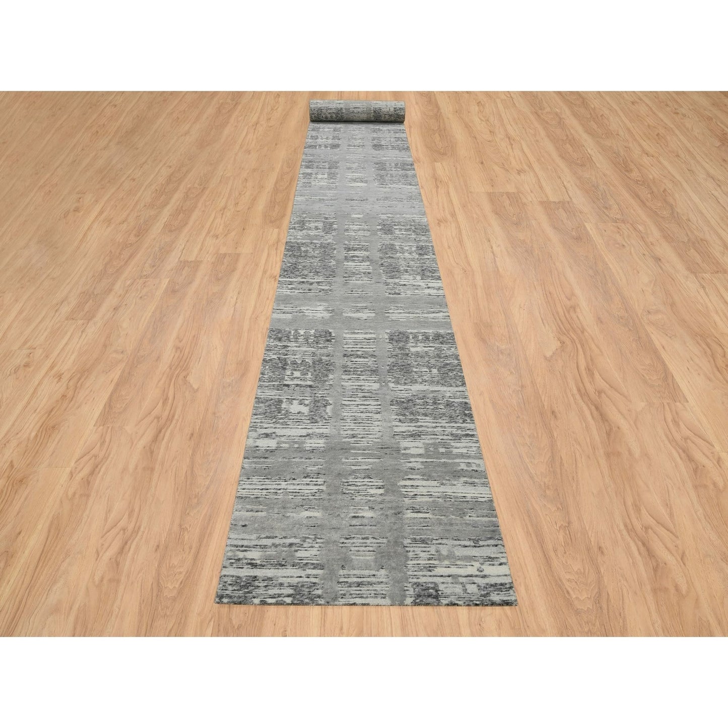 2'6"X25'9" Gray Hand Knotted Modern Design Natural Wool Xl Runner Rug