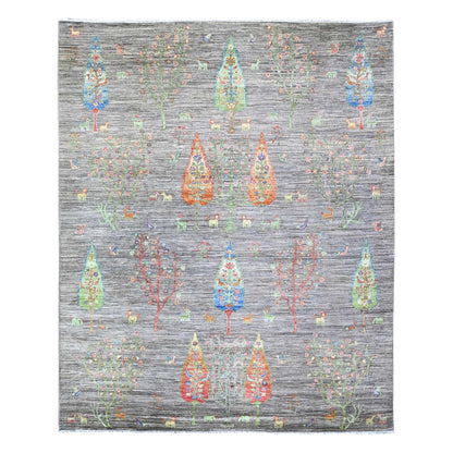 8'X9'5" Gray Folk Art Willow Cypress Tree Design Wool Hand Knotted Rug