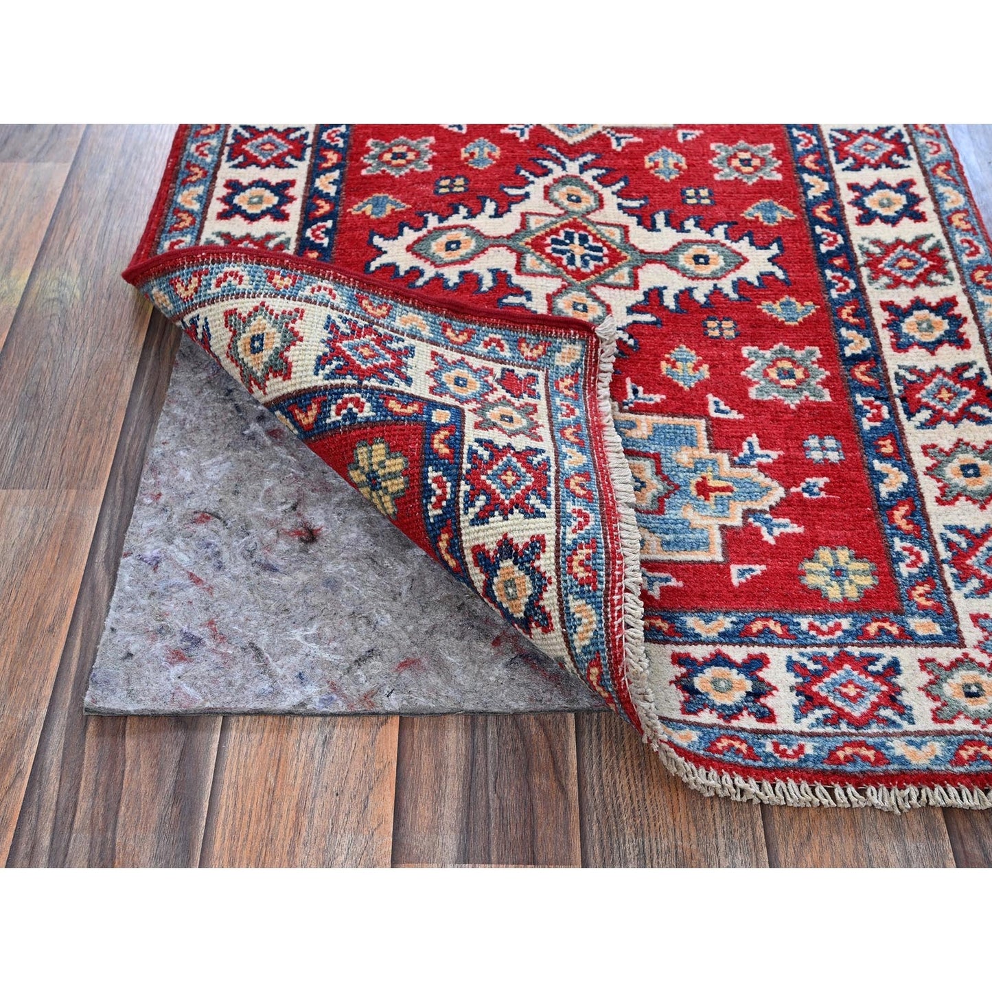 2'2"X3' Red Kazak With Geometric Pattern Soft Wool Hand Knotted Mat Rug