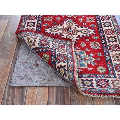 2'2"X3' Red Kazak With Geometric Pattern Soft Wool Hand Knotted Mat Rug