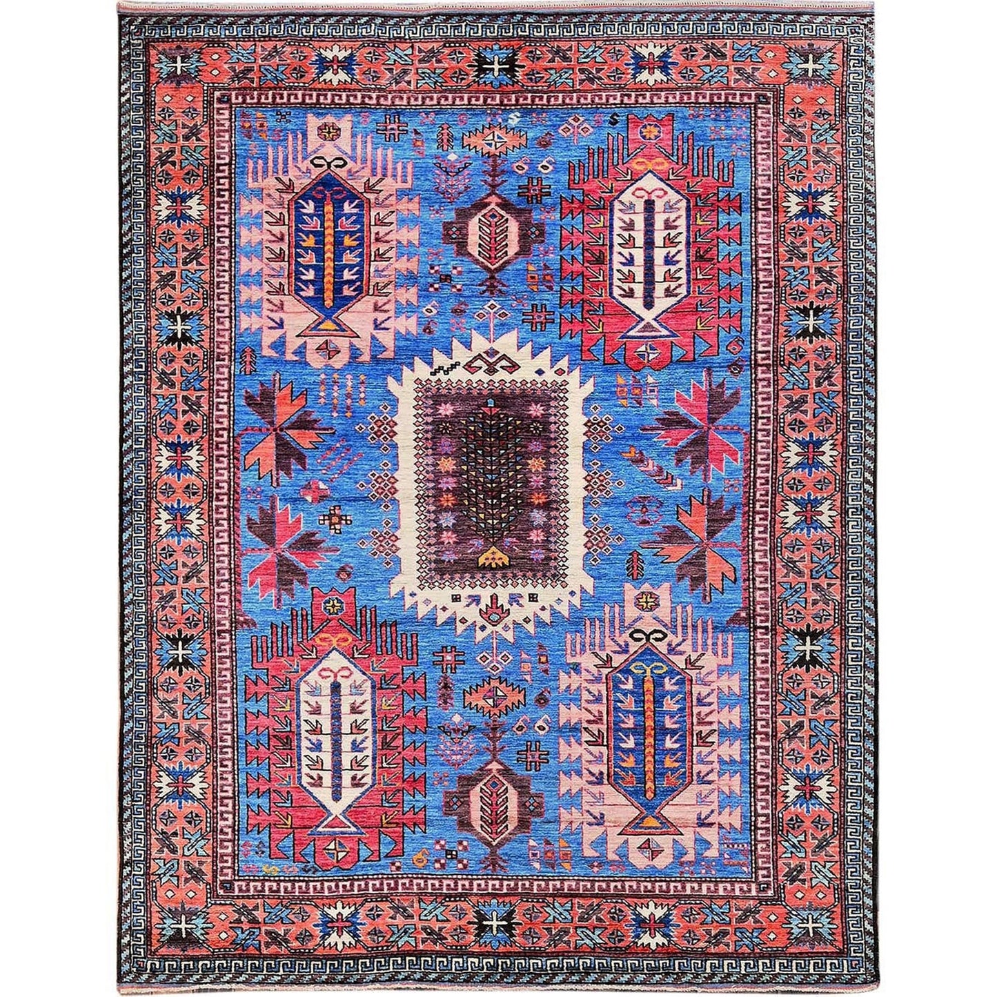 6'X7'8" Blue Afghan Ersari Caucasian Design Revival Hand Knotted Wool Rug