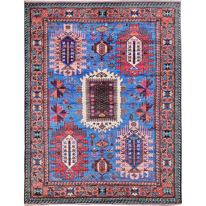 6'X7'8" Blue Afghan Ersari Caucasian Design Revival Hand Knotted Wool Rug