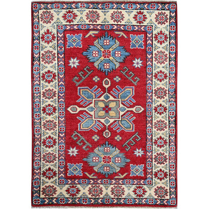 2'9"X4' Berry Red Kazak With Tribal Design Hand Knotted Soft Wool Mat Rug