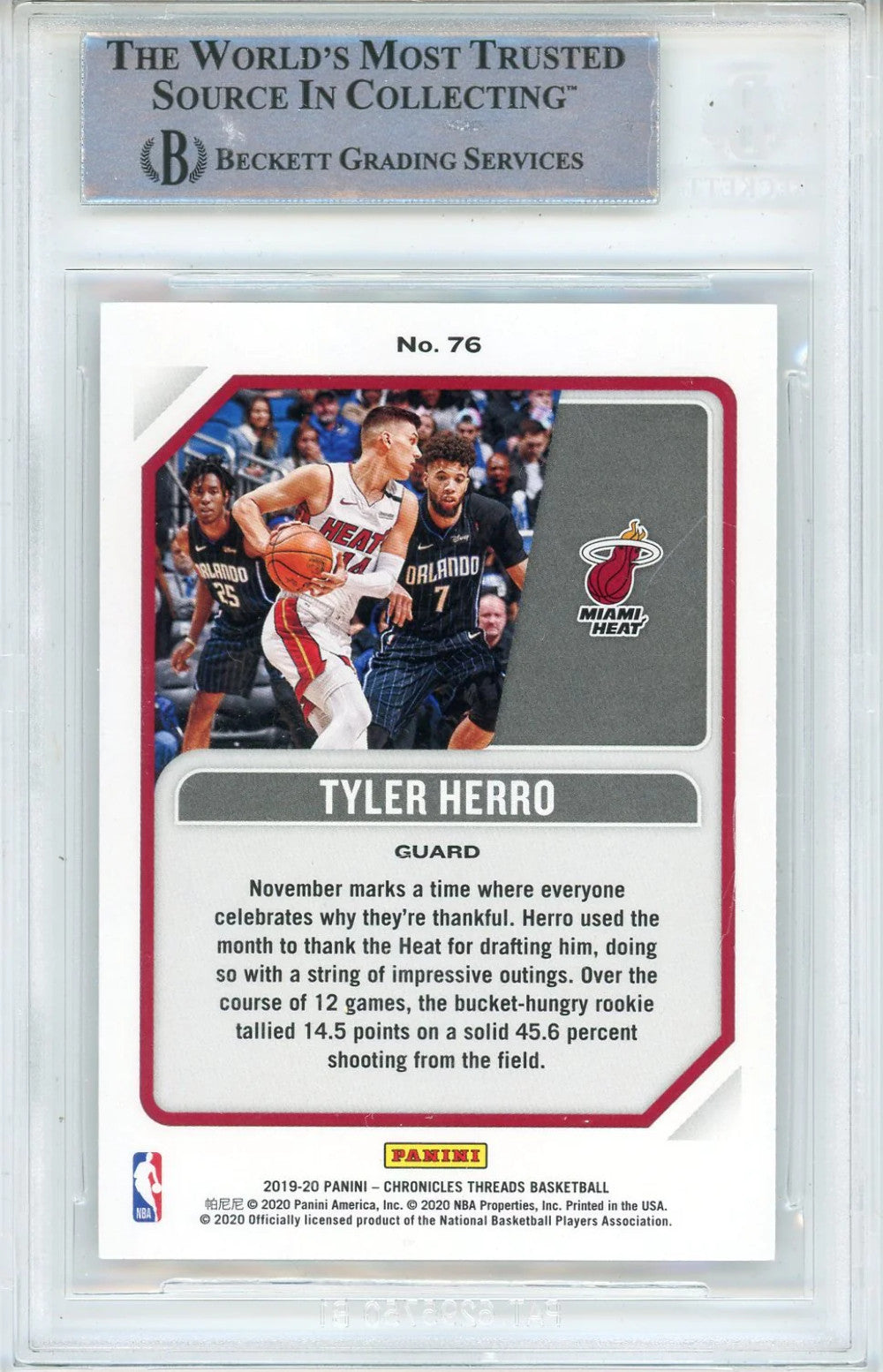 Tyler Herro Autographed 2019-20 Panini Chronicles Threads Rookie Card #76 (Bgs)