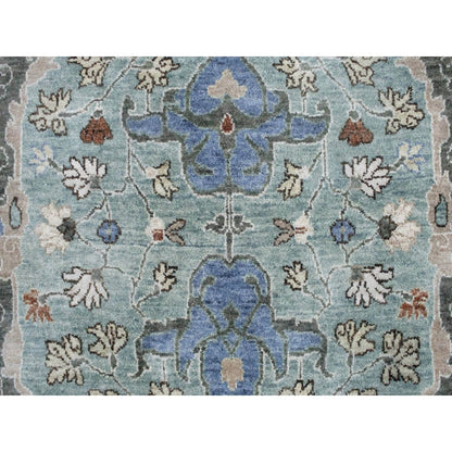9'X11'9" Teal Green Hand Knotted Oushak With Floral Motifs Soft Wool Rug