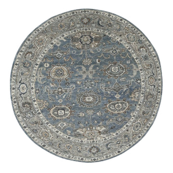 8'X8' Silver Blue Natural Wool Hand Knotted Oushak Design Round Rug