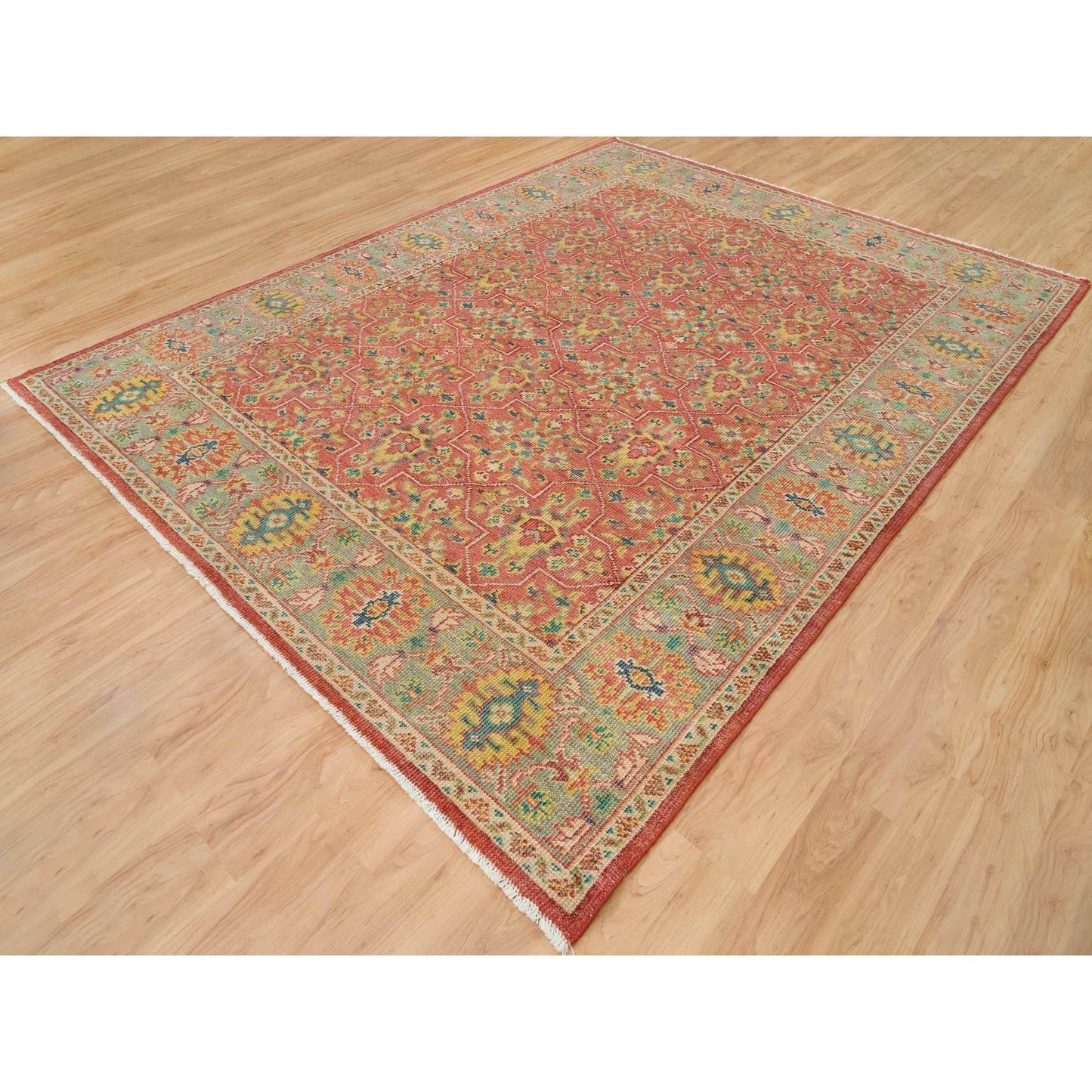 9'X11'9" Red Hand Knotted Antiqued Oushak Design Soft Wool Oriental Rug