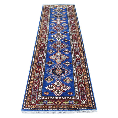 2'7"X8'7" Blue Super Kazak Tribal Design Hand Knotted Wool Runner Rug