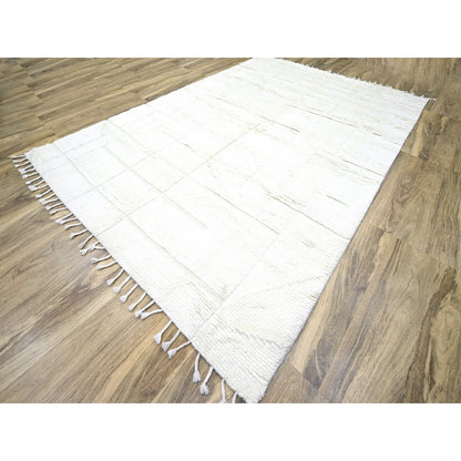 10'1"X14' Pearl White Moroccan Weave Grid Design Wool Hand Knotted Rug