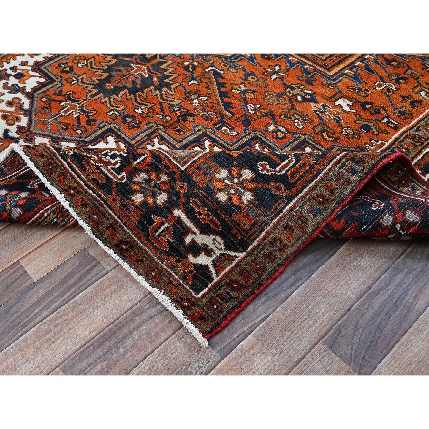 6'7"X9'7" Vivid Orange Vintage Zoroastrian Heris Pure Wool Hand Knotted Rug