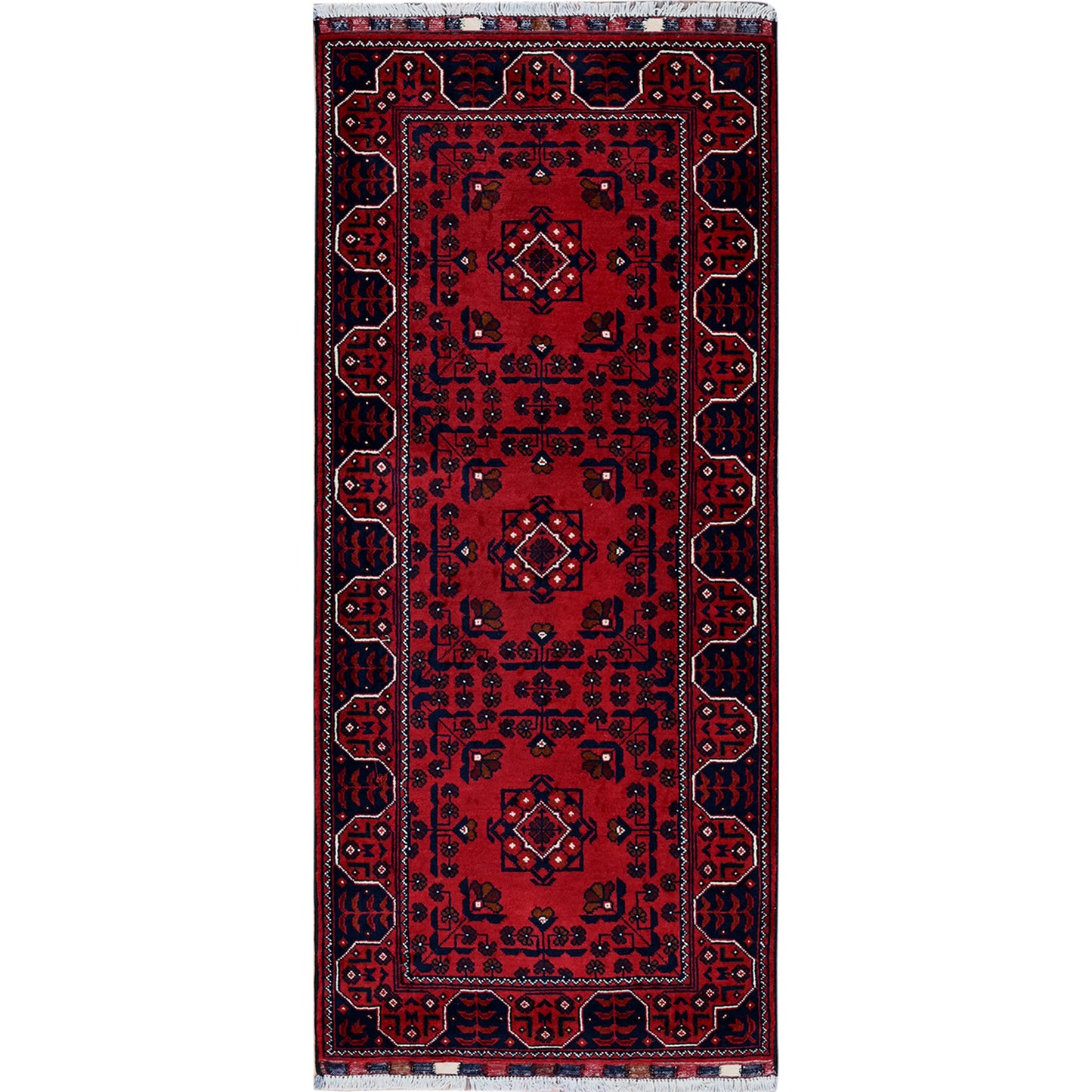 2'3"X5' Red Afghan Khamyab Geometric Pattern Hand Knotted Wool Runner Rug