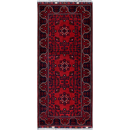 2'3"X5' Red Afghan Khamyab Geometric Pattern Hand Knotted Wool Runner Rug