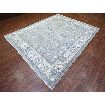 7'10"X9'9" Gray Heris Serrated Leaf Pattern Pure Wool Hand Knotted Rug