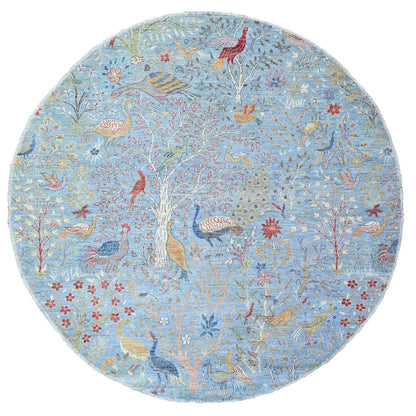 8'3"X8'3" Blue Afghan Peshawar Organic Wool Hand Knotted Round Rug