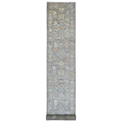 3'2"X23'7" Brown Hand Knotted Angora Oushak Leaf Design Wool Runner Rug