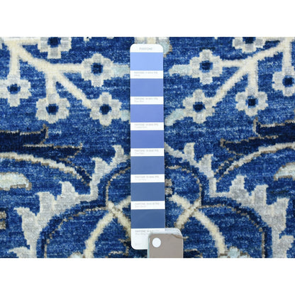 4'3"X11'9" Blue Fine Peshawar Soft Wool Hand Knotted Wide Runner Rug