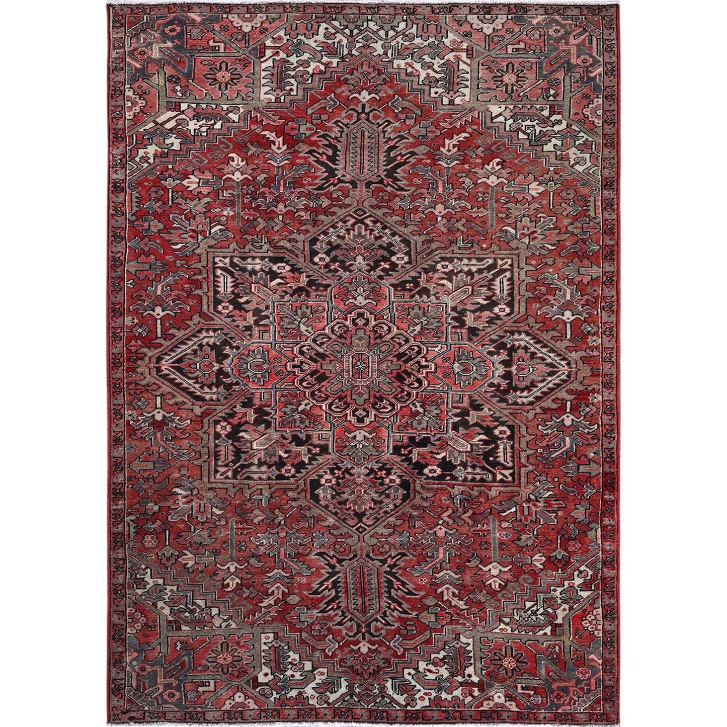 7'6"X10'7" Red Vintage Zoroastrian Heris Wool Hand Knotted Shaved Low Rug