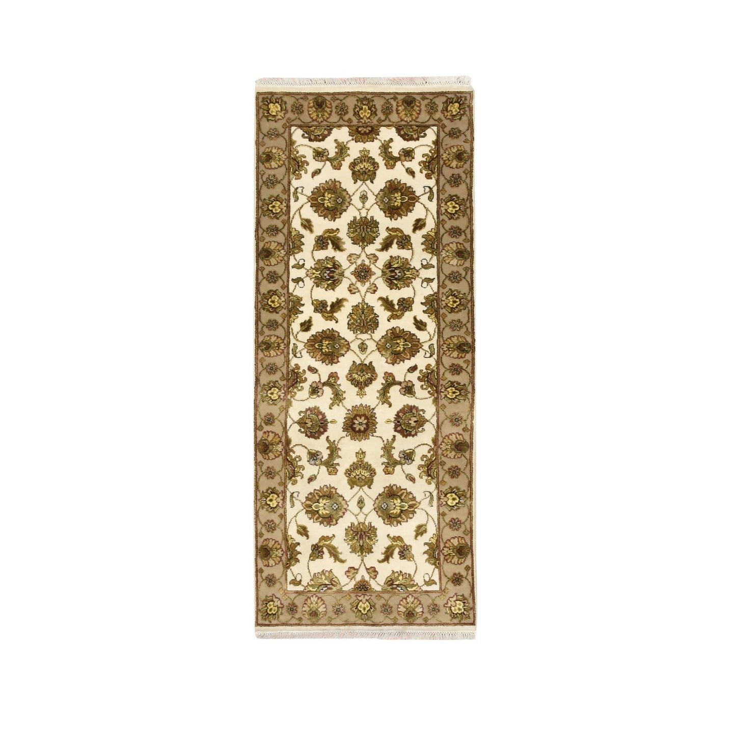 2'6"X6'2" White Rajasthan Leaf Design Hand Knotted Wool & Silk Runner Rug