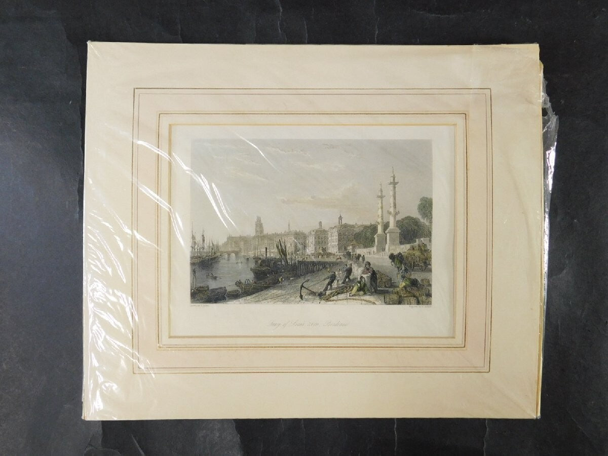 Thomas Allom "Quay Of Louis Xviii, Bordeaux" Hand-Colored Copper Plate Engraving