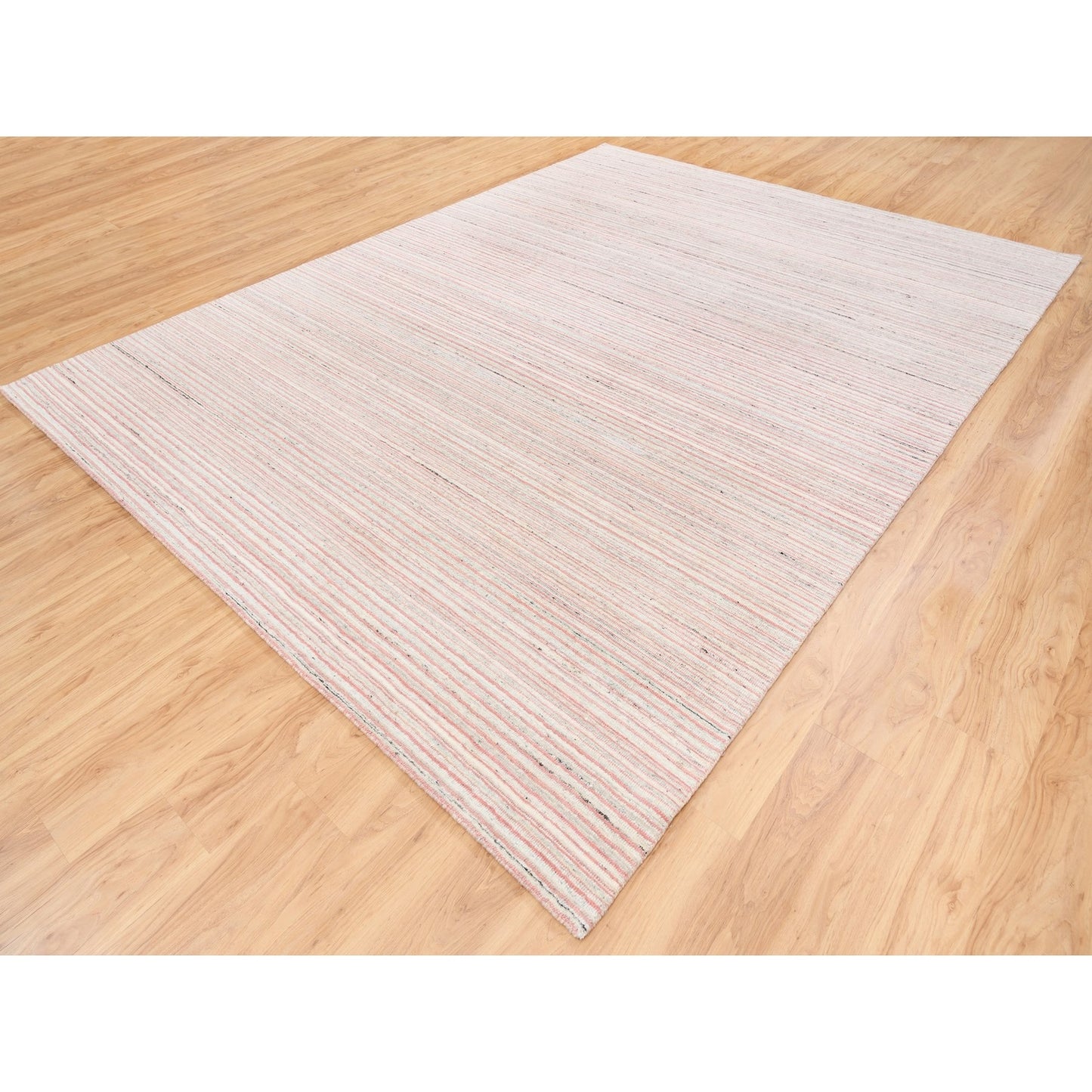 9'X12' Modern Design Plain Ivory With Coral Red Wool Hand Loomed Rug
