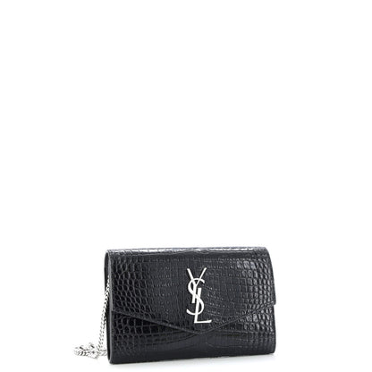 Saint Laurent Uptown Chain Wallet Crocodile Embossed Leather