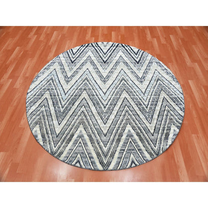 6'X6' Round Chevron Design Wool And Pure Silk Hand Knotted Ivory Rug