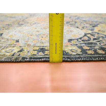 9'1"X11'9" Yellow Repetitive Emblem Design Hand Knotted Wool Oriental Rug