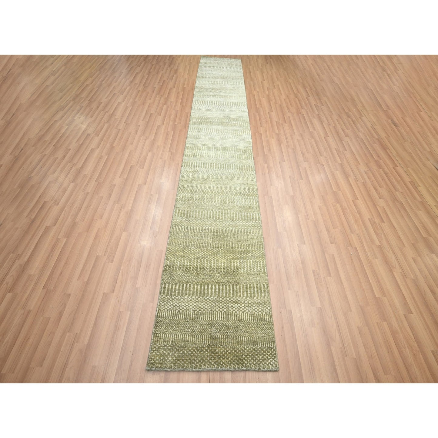 2'5"X13'6" Gray Modern Grass Design Hand Knotted Wool And Silk Runner Rug