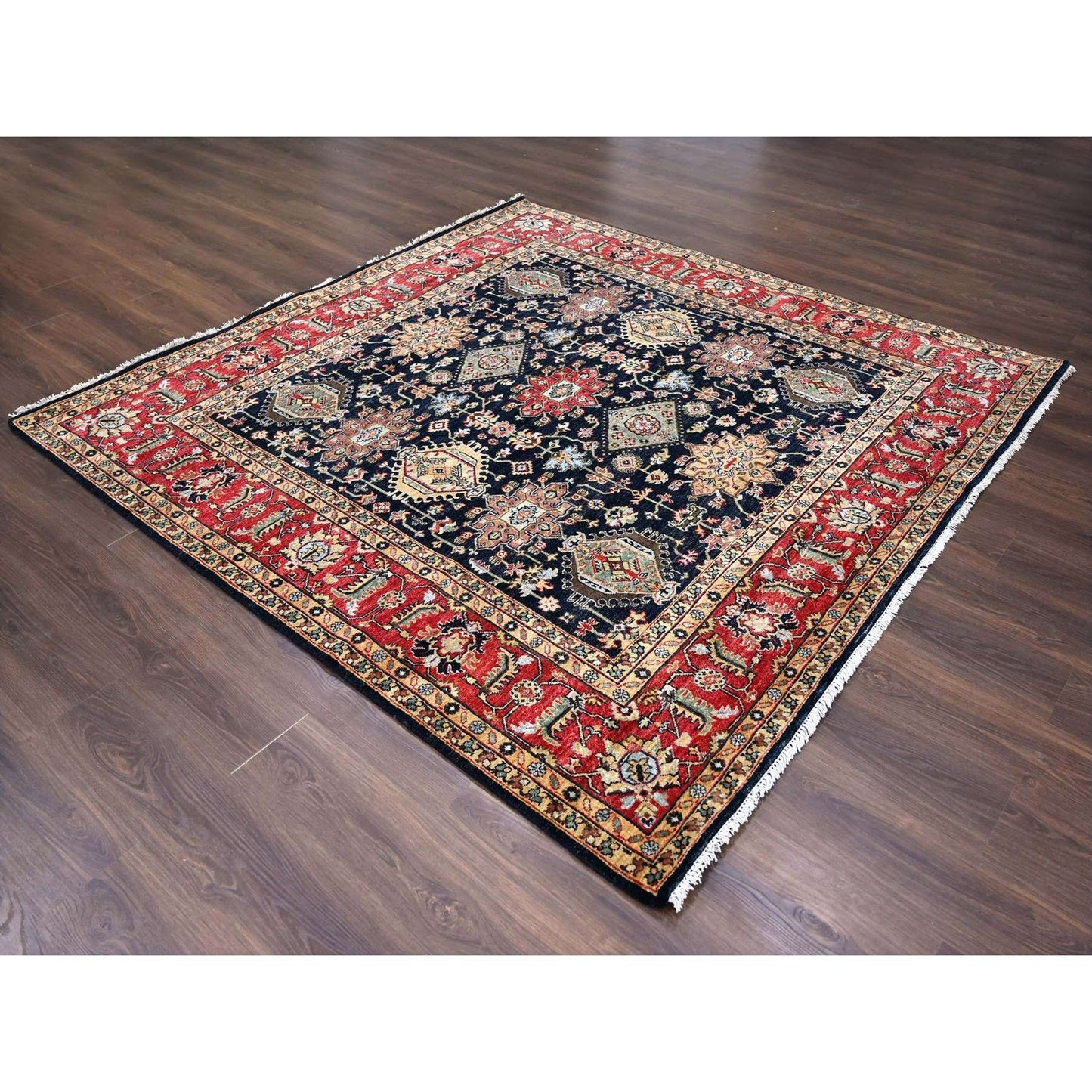8'X8' Black Wool Karajeh Design Hand Knotted Square Oriental Rug