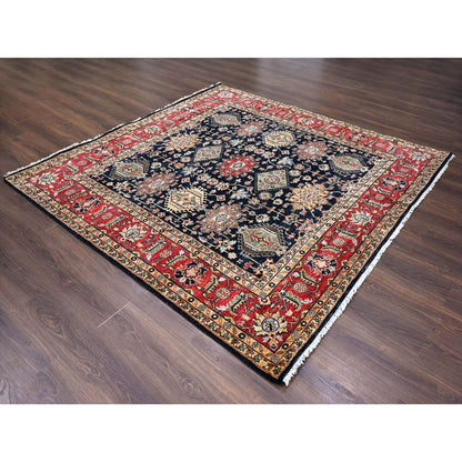 8'X8' Black Wool Karajeh Design Hand Knotted Square Oriental Rug