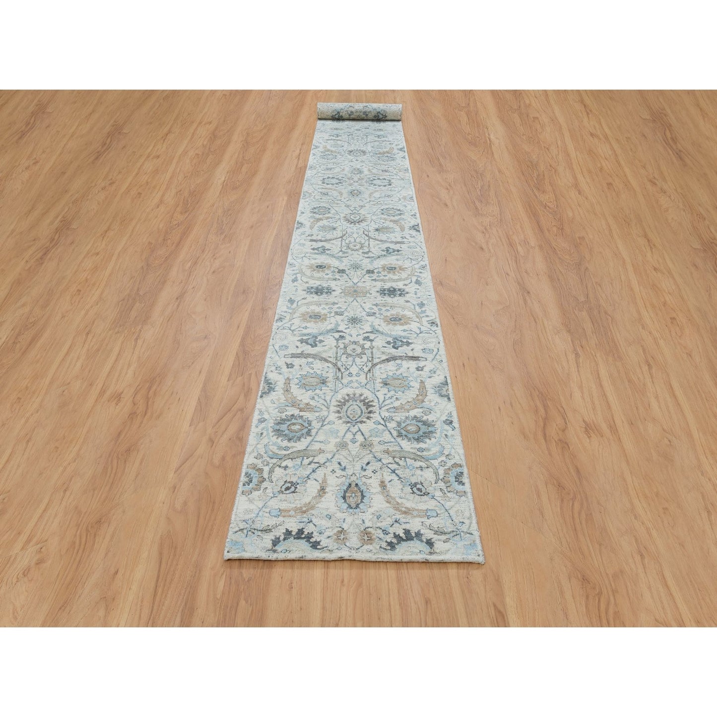 2'6"X20' Ivory Sickle Leaf Design Silk/Wool Hand Knotted Xl Runner Rug