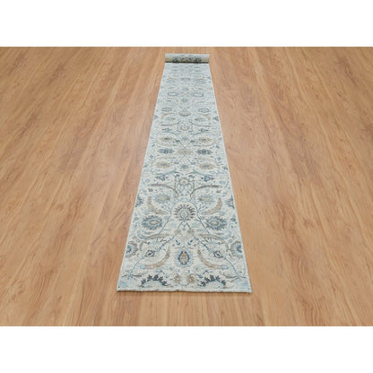 2'6"X20' Ivory Sickle Leaf Design Silk/Wool Hand Knotted Xl Runner Rug