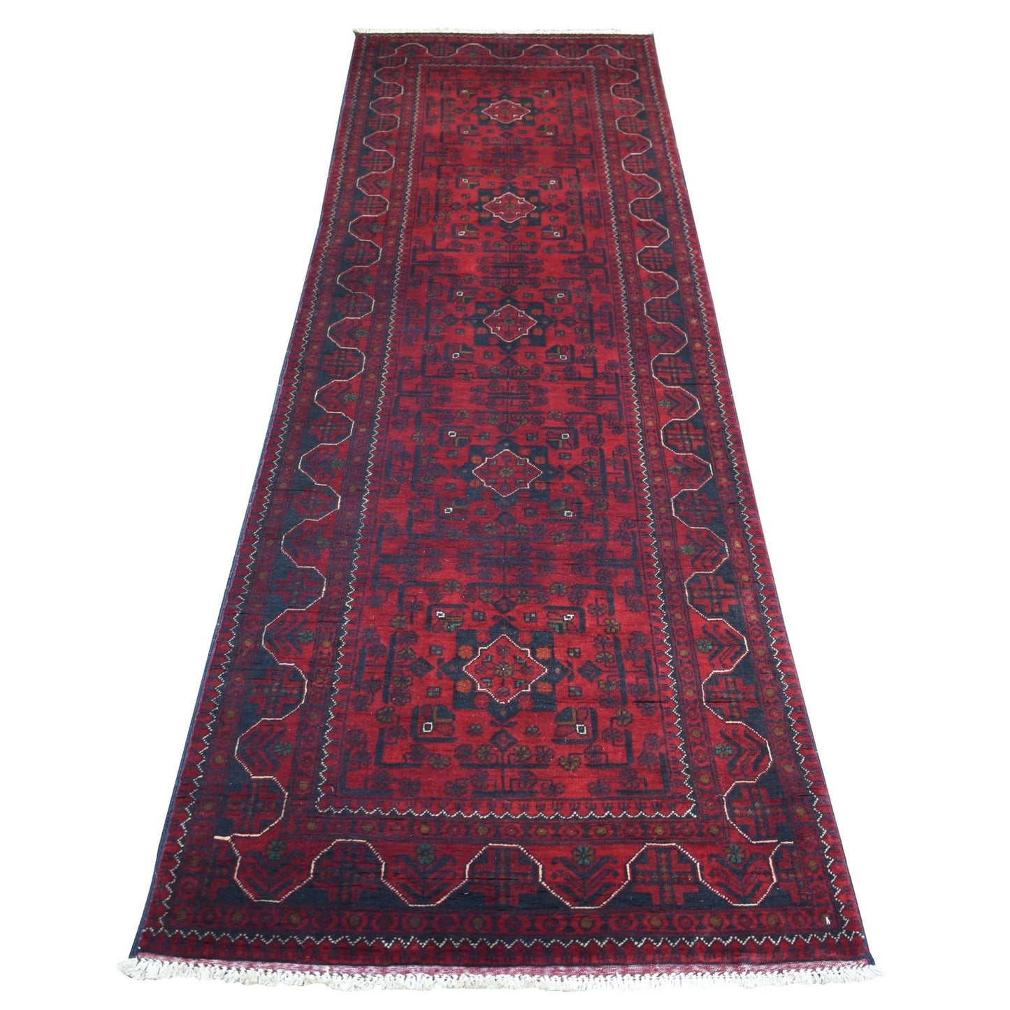 3'X9'6" Red Afghan Khamyab Shiny Wool Hand Knotted Wide Runner Rug