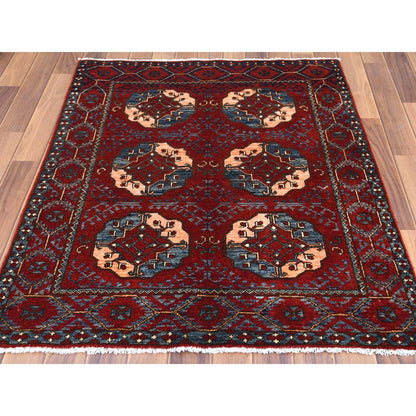 3'5"X4'4" Red Afghan Ersari Elephant Feet Design Wool Hand Knotted Rug