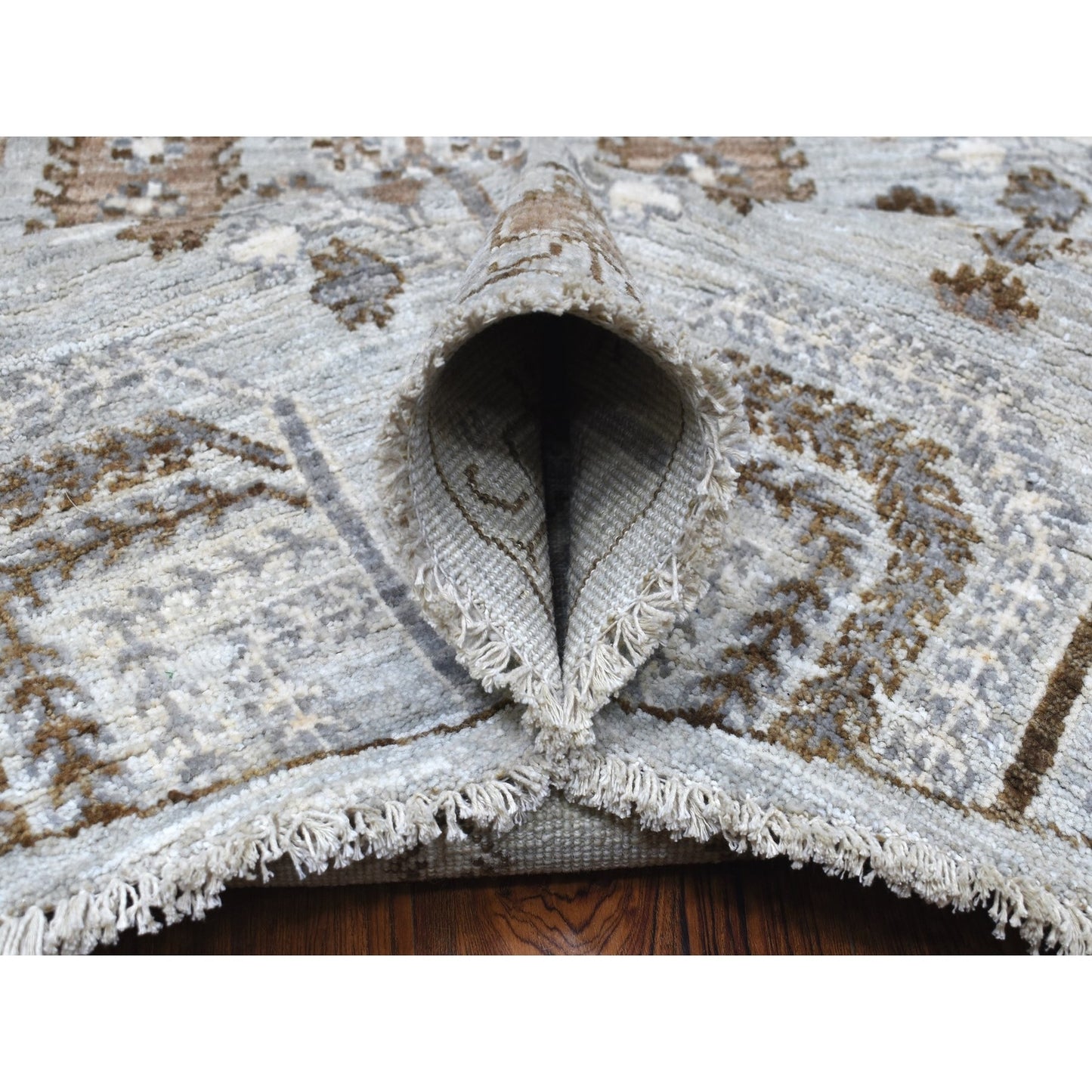 8'3"X8'3" Gray Peshawar With Folk Art Cypress Tree Design Shiny Wool Rug