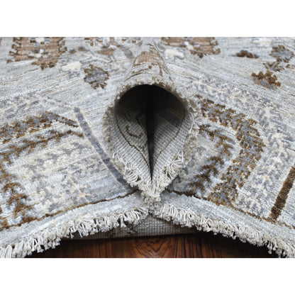 8'3"X8'3" Gray Peshawar With Folk Art Cypress Tree Design Shiny Wool Rug