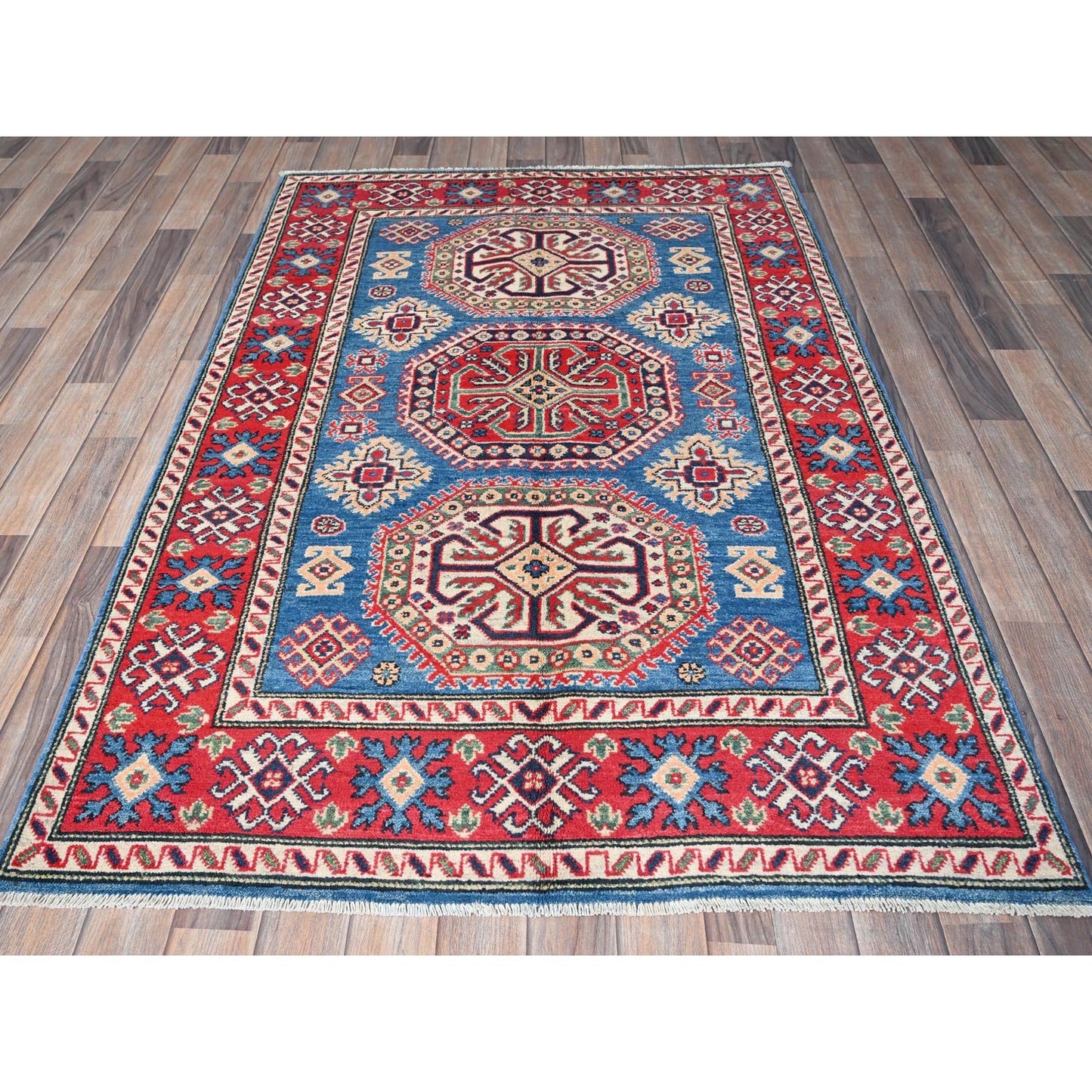 4'1"X6' Blue Kazak With Geometric Design Hand Knotted All Wool Oriental Rug