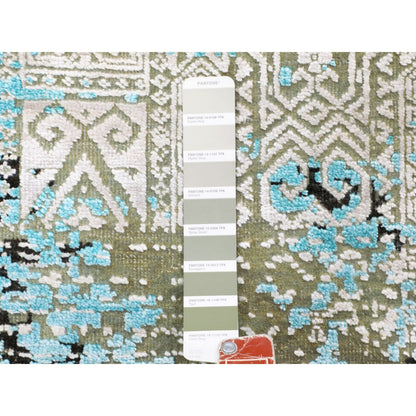 8'9"X11'10" Teal Blue Jewellery Design Silk With Textured Wool Rug