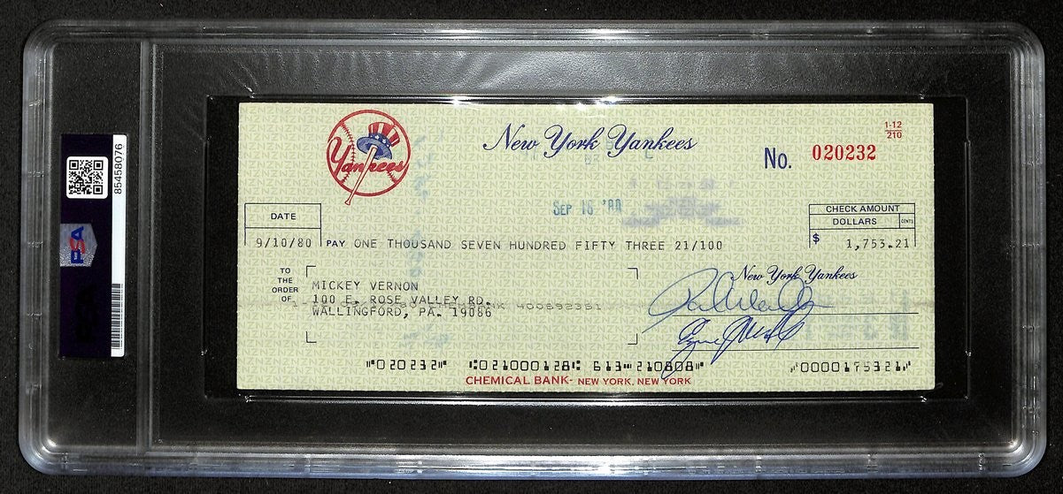 Mickey Vernon Signed/Auto 1980 Ny Yankees Payroll Bank Check Psa/Dna 194535