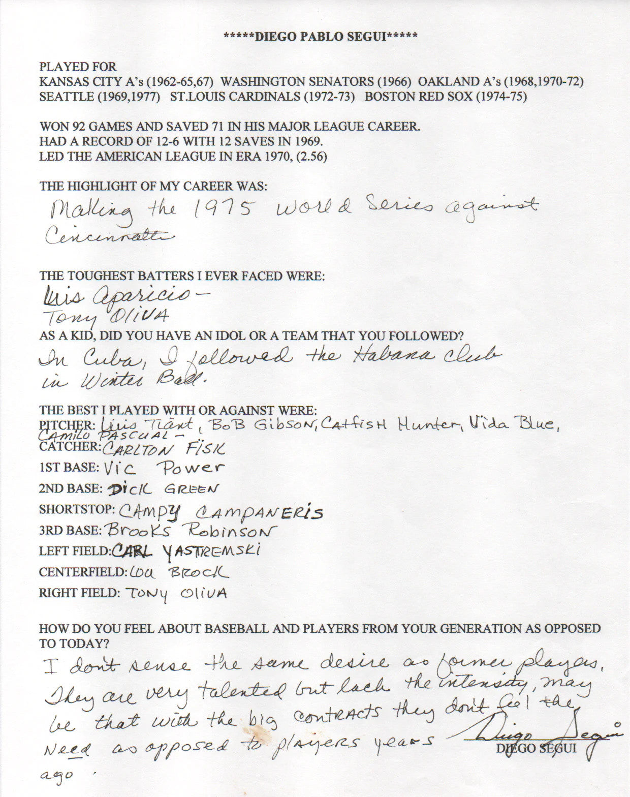 Diego Segui Autographed Hand Filled Out Survey Page (Jsa)