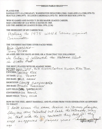Diego Segui Autographed Hand Filled Out Survey Page (Jsa)