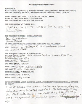 Diego Segui Autographed Hand Filled Out Survey Page (Jsa)