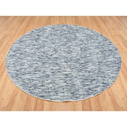 6'X6' Blue And Ivory Wool Hand Loomed Modern Striae Design Round Rug