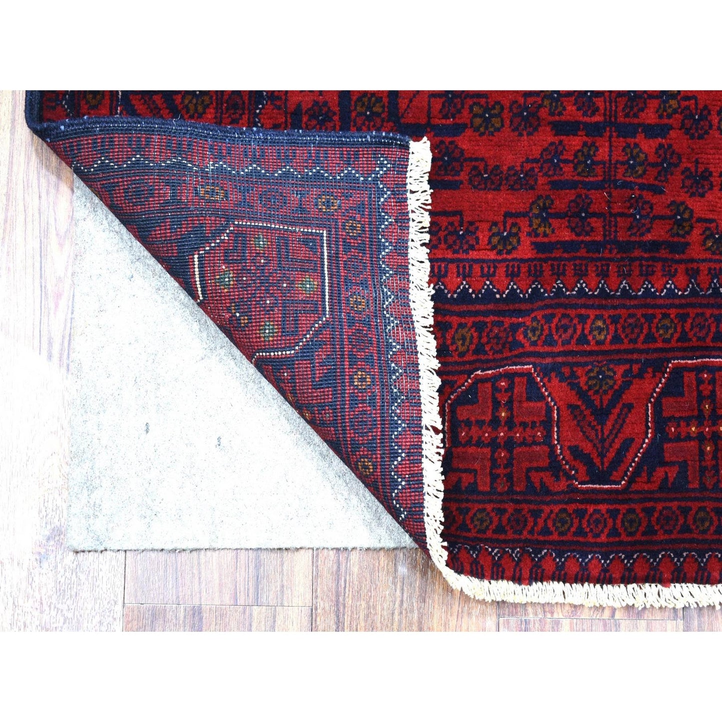3'2"X4'8" Deep Red Velvety Wool Hand Knotted Afghan Khamyab Rug
