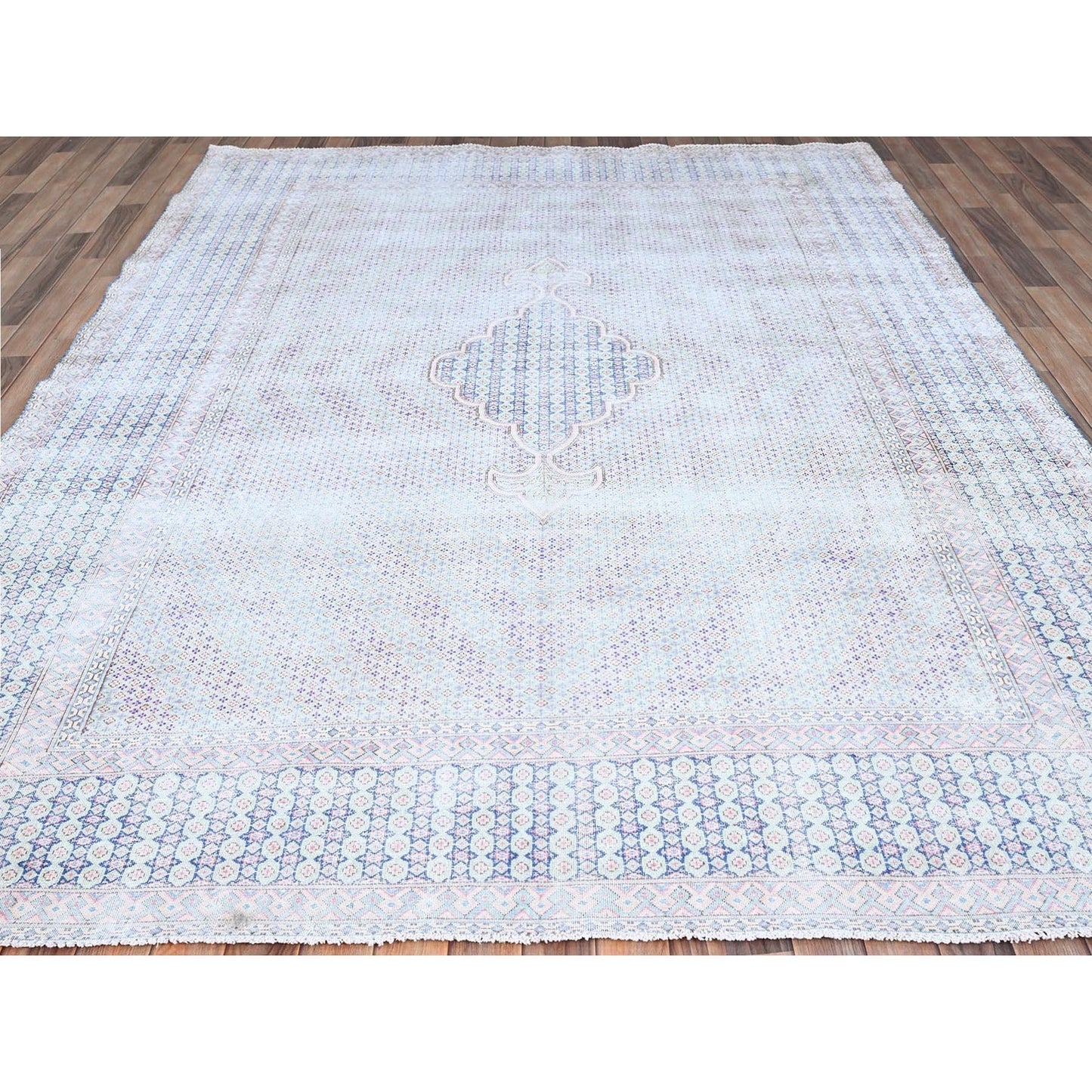 7'9"X10'1" Blue Vintage Zoroastrian Karman Pure Wool Hand Knotted Rug