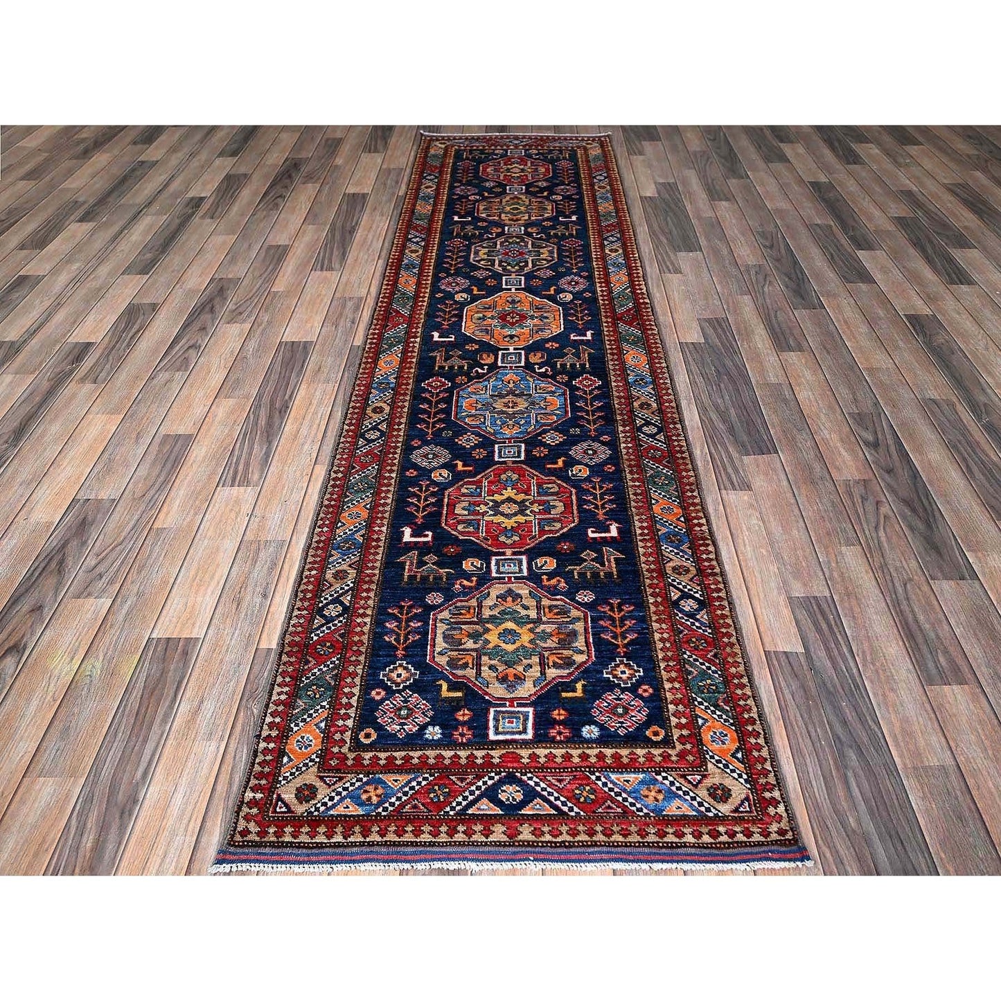 2'8"X9'5" Sailor Blue Caucasian Design Revival Hand Knotted Wool Runner Rug
