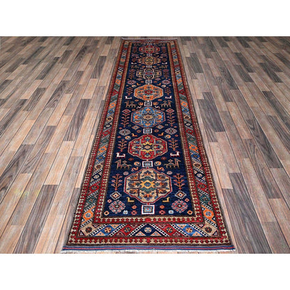 2'8"X9'5" Sailor Blue Caucasian Design Revival Hand Knotted Wool Runner Rug