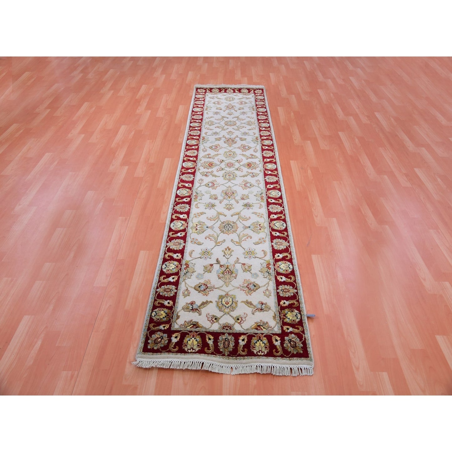 2'7"X10'4" Ivory Hand Knotted Rajasthan Leaf Design Wool Silk Runner Rug